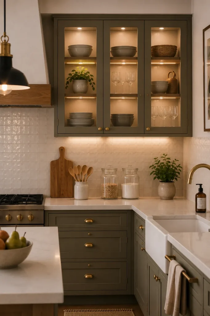 Small kitchen with glass cabinet doors displaying organized dishes while creating visual openness