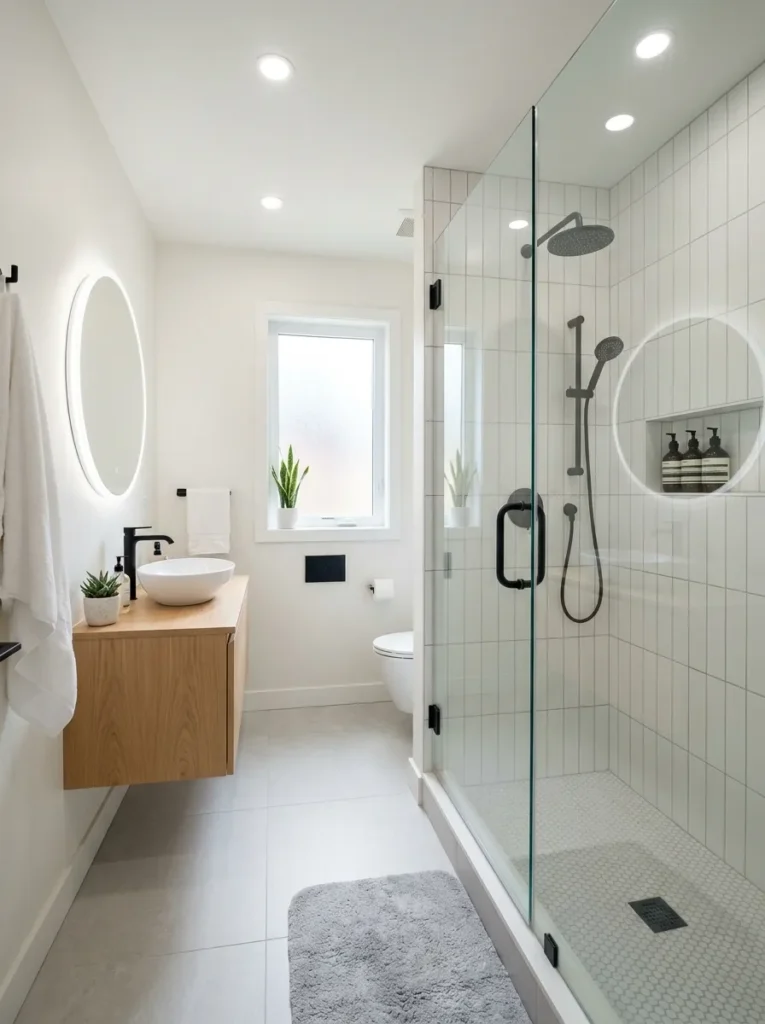 Modern small bathroom with clear glass shower doors creating a seamless and spacious appearance