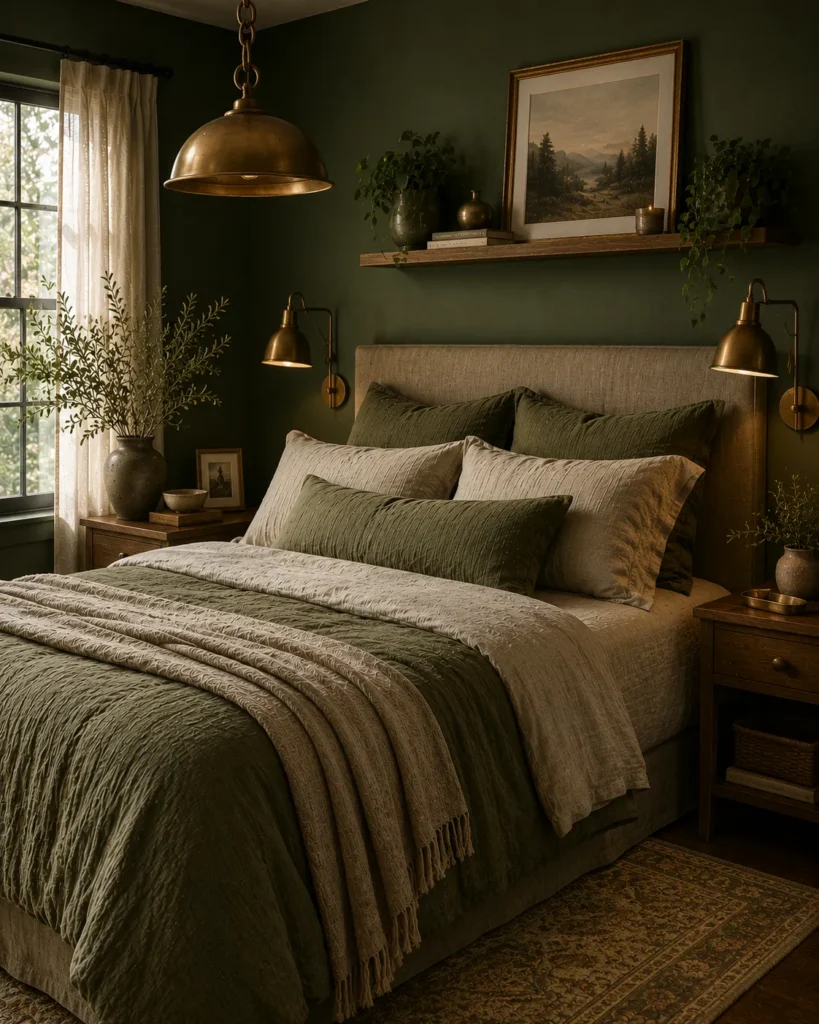 Green bedroom featuring antique brass lighting fixtures that add warmth and timeless character to the space