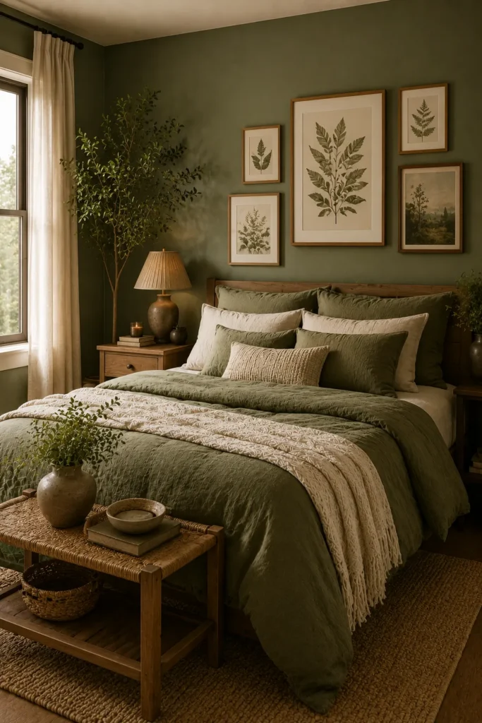 Green bedroom decorated with botanical wall art and nature-inspired accents that create a fresh calming aesthetic