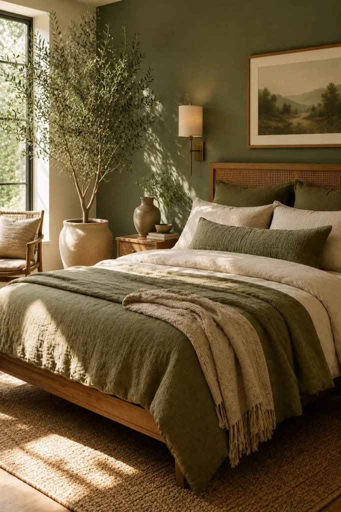 Bright green bedroom with an indoor olive tree, natural sunlight, and earthy decor creating a peaceful retreat