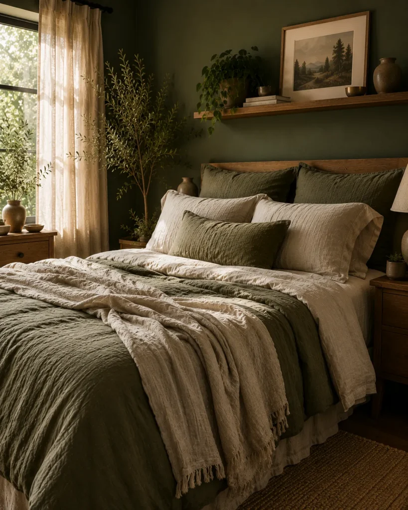 Green bedroom with layered linen bedding, textured pillows, and soft natural fabrics creating a relaxed cozy feel