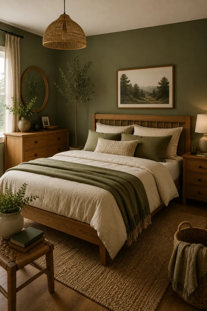 Green bedroom styled with warm oak furniture, earthy decor, and natural textures for a timeless organic feel