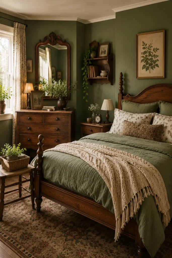 Green bedroom with vintage wooden furniture, antique decor details, and cozy cottage-inspired styling