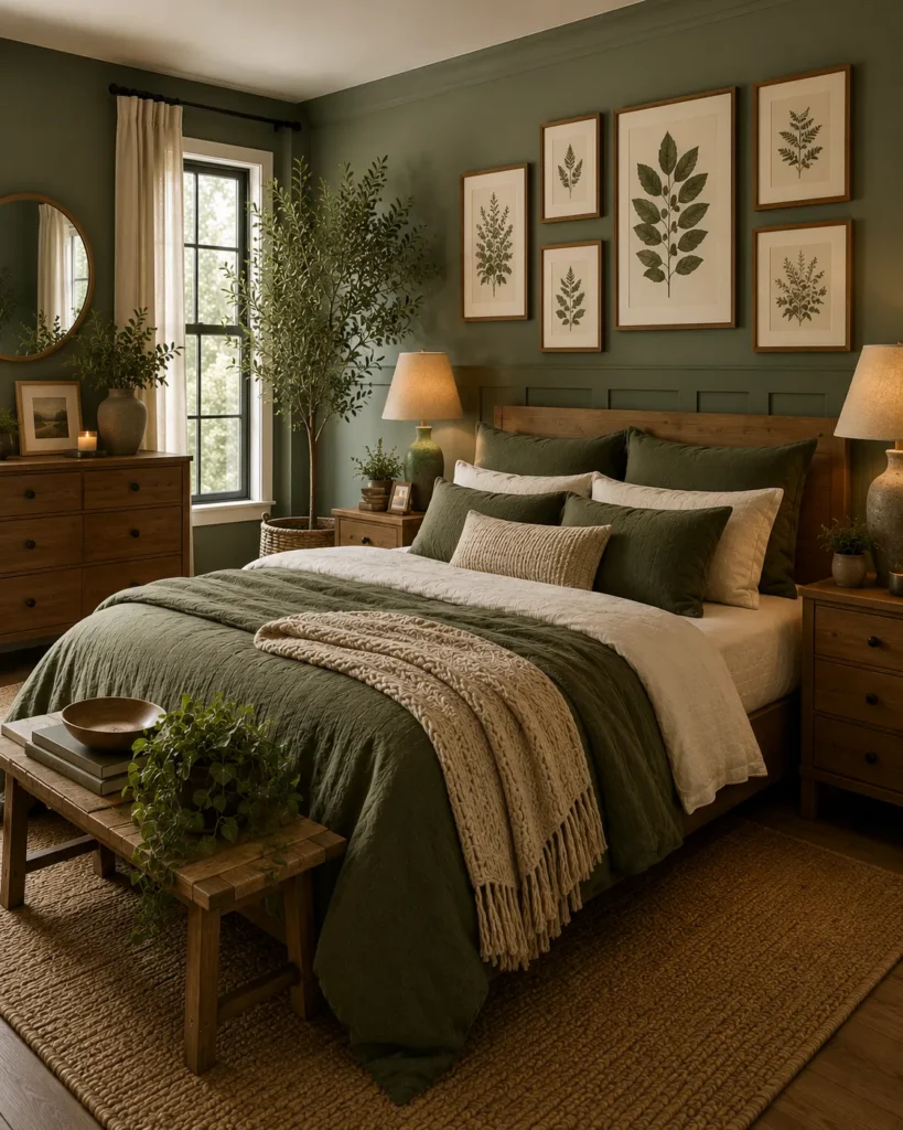 Stylish bedroom featuring green wall paneling behind the bed for added character and elegant architectural detail