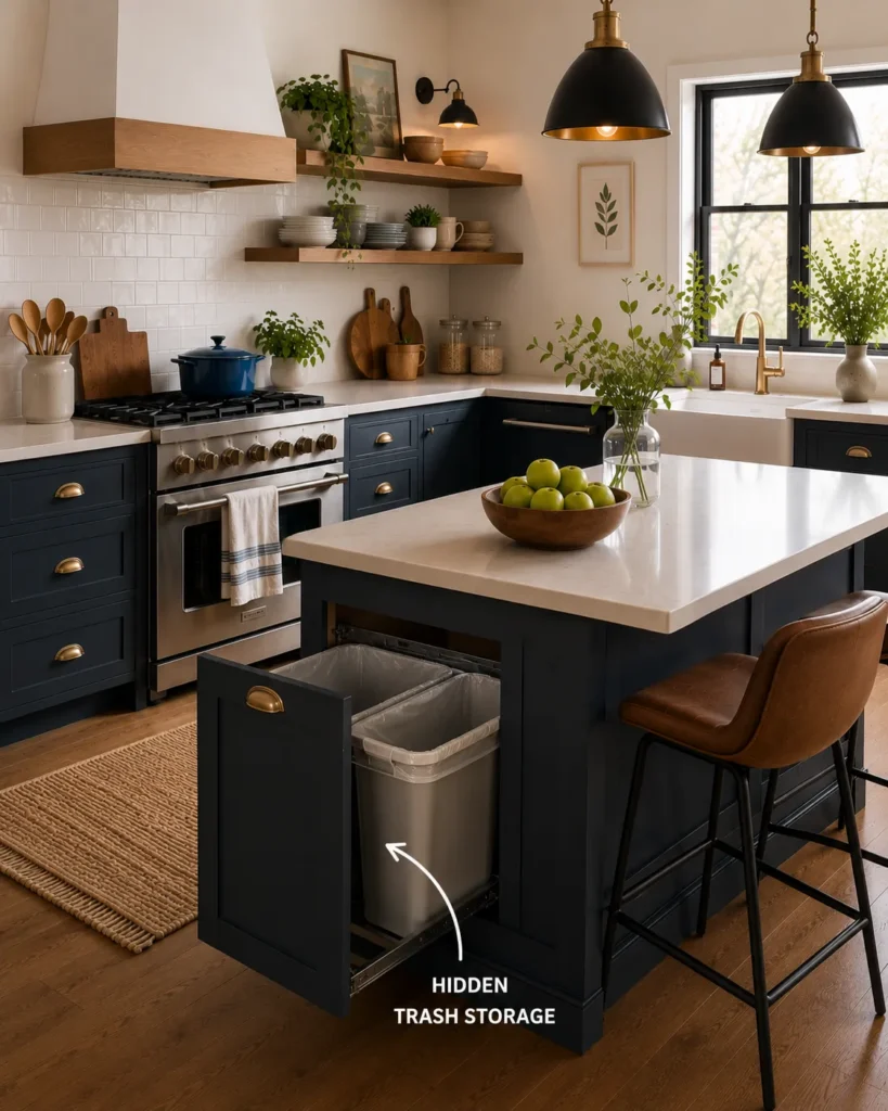 Small kitchen featuring hidden pull-out trash cabinet storage for a cleaner and more organized appearance
