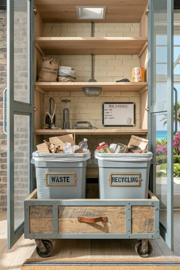 Small pantry cabinet with hidden pull-out trash bins creating a cleaner and more organized kitchen.