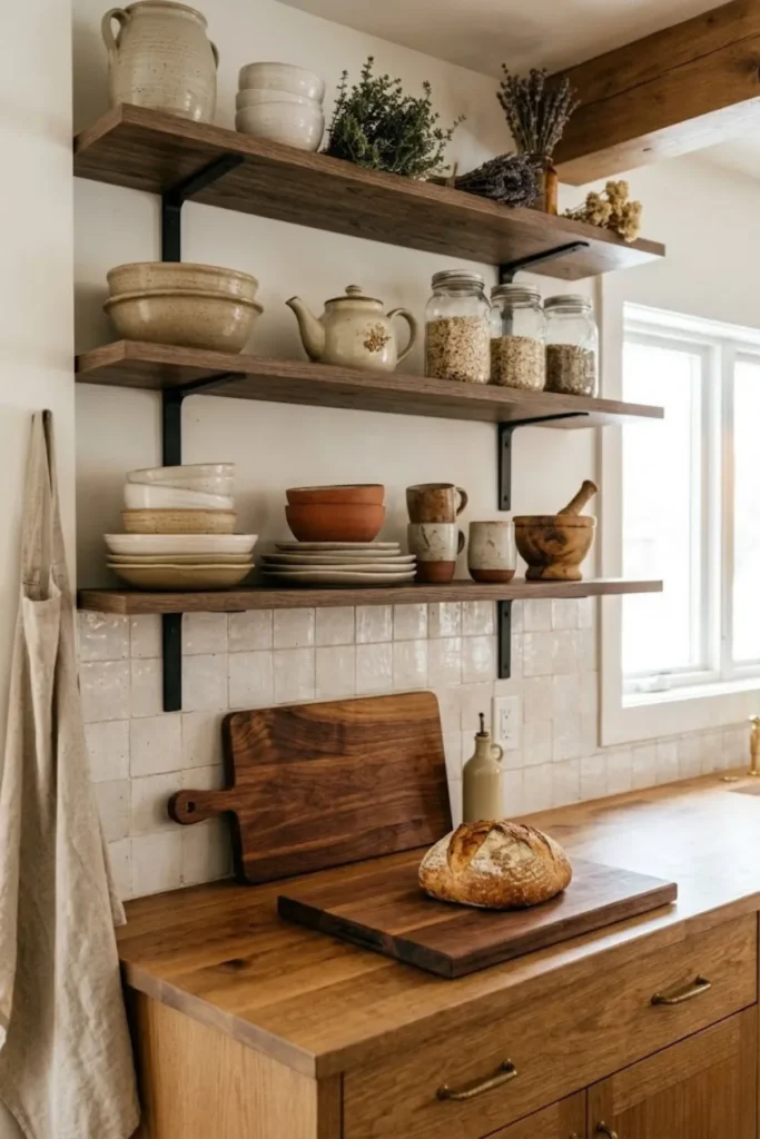 Cozy kitchen open shelves styled with dishes, glass jars, cookbooks, and decorative accents in a warm neutral palette.