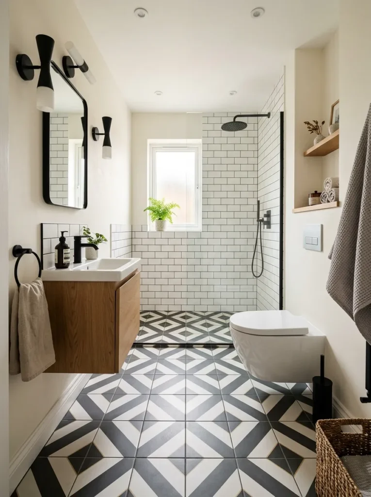 Small bathroom with large floor tiles creating seamless visual flow and making the room feel bigger