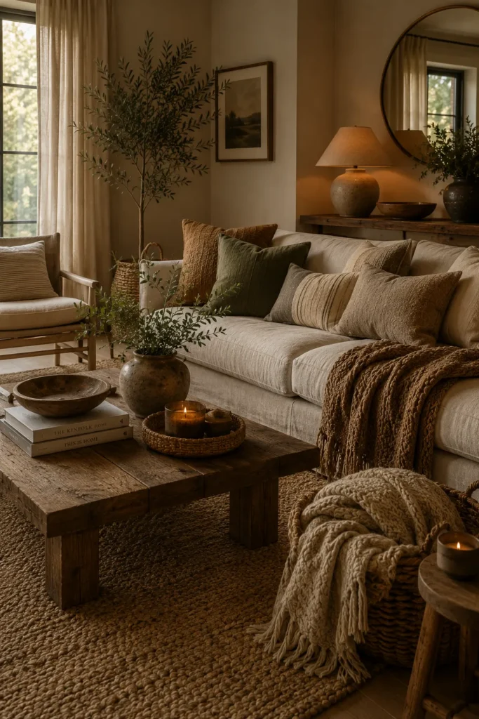 Cozy living room layered with linen, wool, jute, wood, and woven textures in warm earthy tones