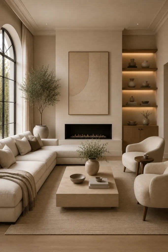 Layered neutral rugs in a quiet luxury living room adding texture, warmth, and depth beneath elegant furniture