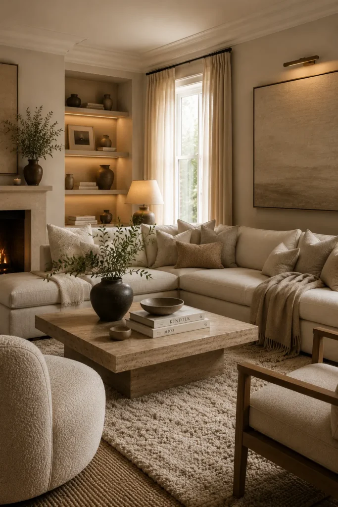Layered texture quiet luxury living room with linen upholstery, woven accents, natural wood, and soft neutral finishes