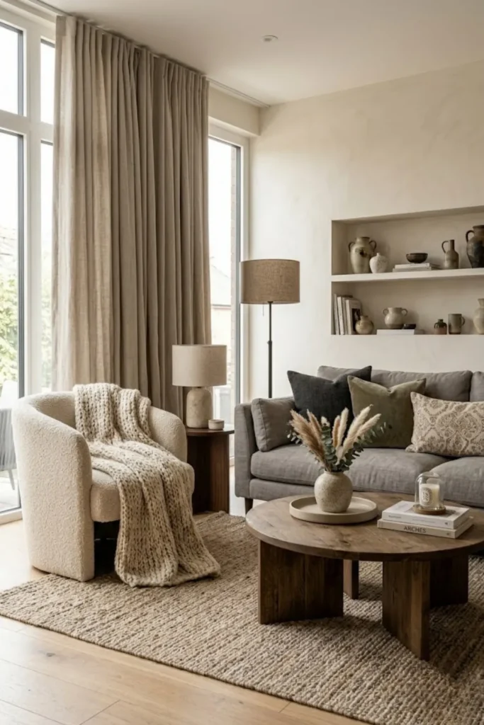 Modern living room with layered linen, boucle, woven textures, and inviting neutral styling