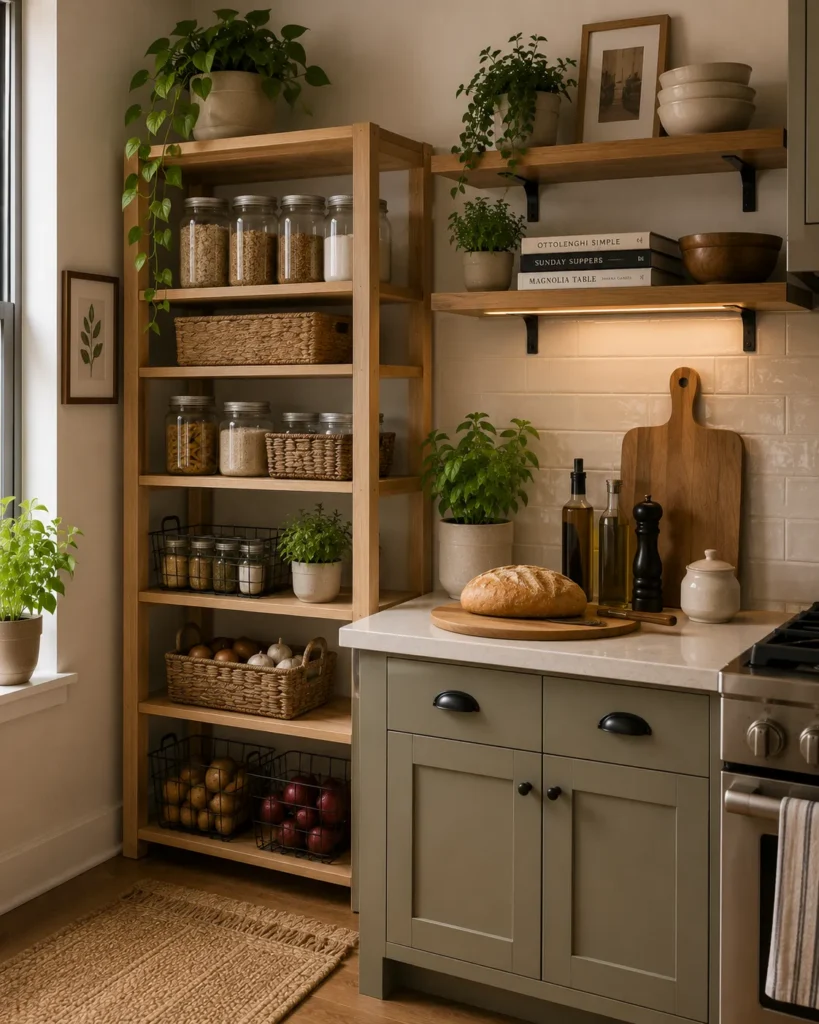 Bright small kitchen with light-colored cabinets reflecting natural light and making the room feel bigger