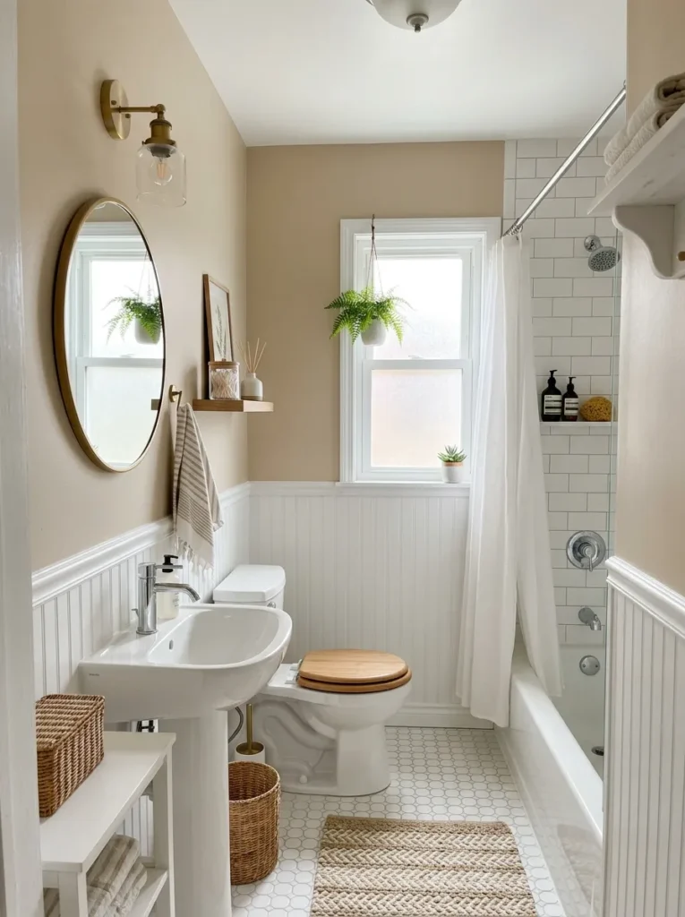 Bright small bathroom with white and beige paint colors that make the room feel open and airy