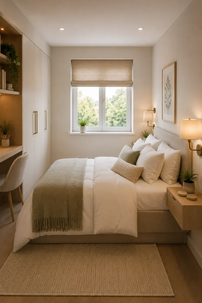 Bright box room bedroom with soft white and beige paint colors that make the small space feel larger and lighter