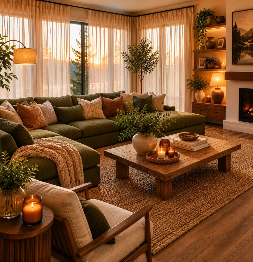 Cozy living room with floor-to-ceiling linen curtains and soft natural light creating an airy atmosphere