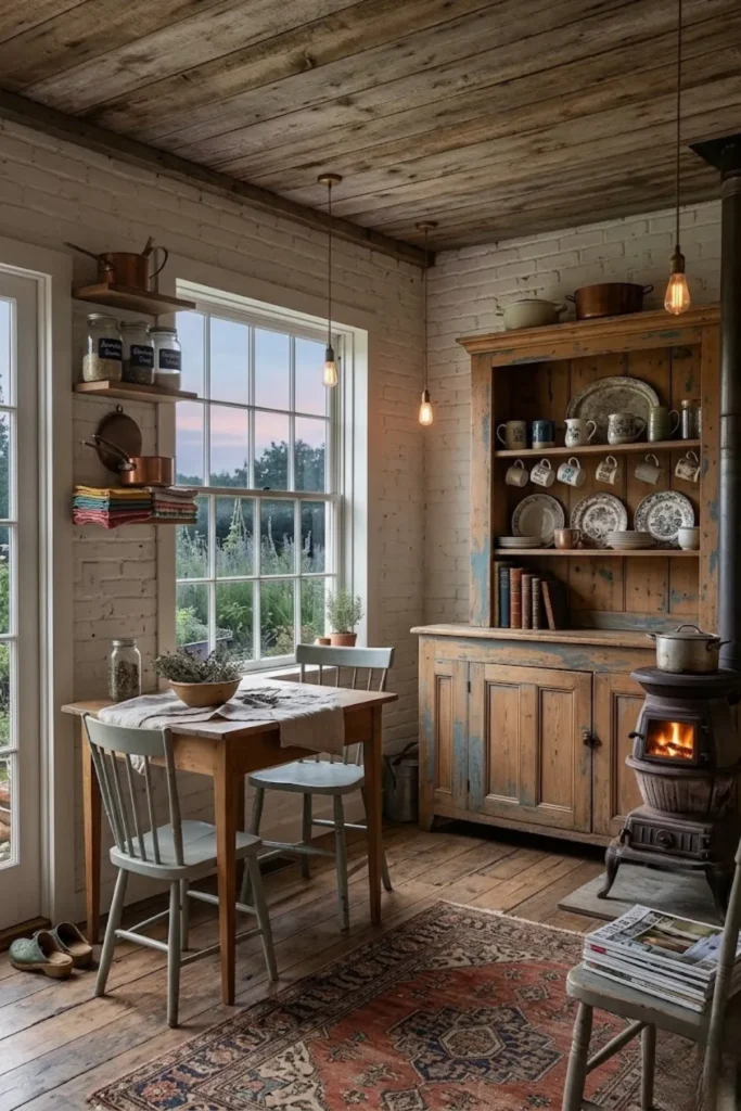 Warm lived-in kitchen with relaxed styling, natural textures, soft lighting, and a welcoming cozy atmosphere.