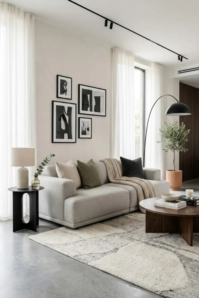 Stylish modern living room featuring a low-profile sofa, clean lines, and elegant neutral styling