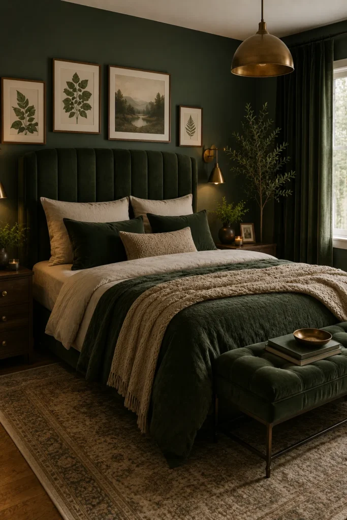 Elegant green bedroom featuring dark green velvet accents, warm textures, and sophisticated layered styling