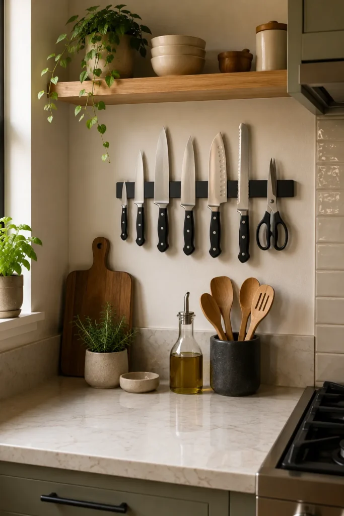 Small kitchen wall with magnetic knife strip storage freeing drawer space and improving organization