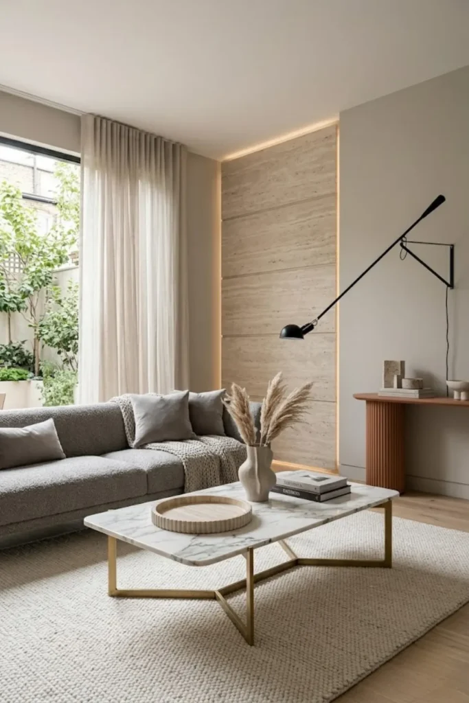 Modern living room with marble coffee table, travertine accents, and elegant natural stone decor