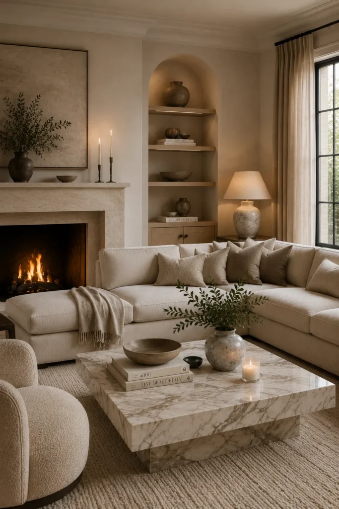 Quiet luxury living room with travertine coffee table, natural stone accents, warm wood details, and sophisticated neutral styling