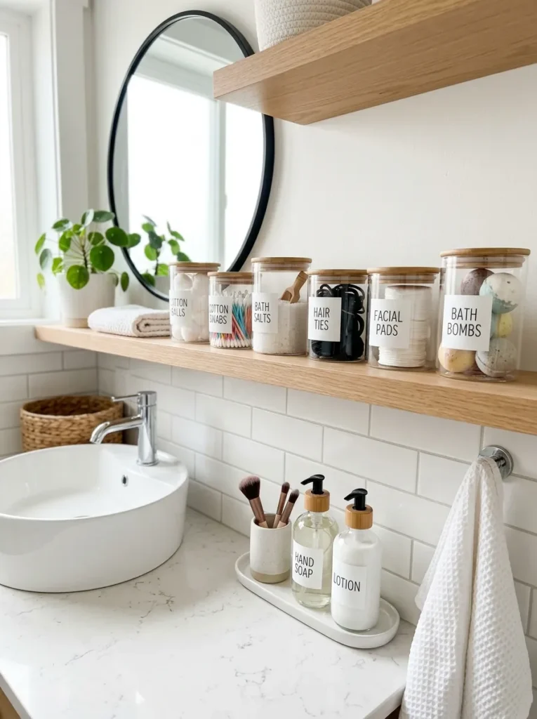 Organized bathroom countertop with matching storage containers creating a neat cohesive look