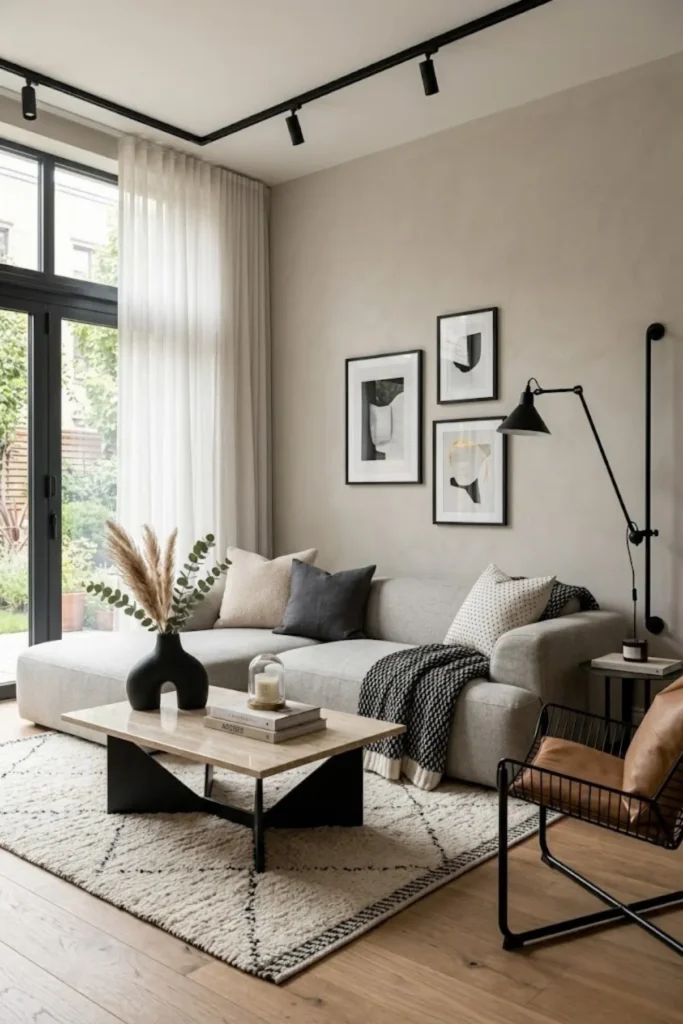 Modern living room featuring matte black accents, warm neutrals, and balanced contemporary styling