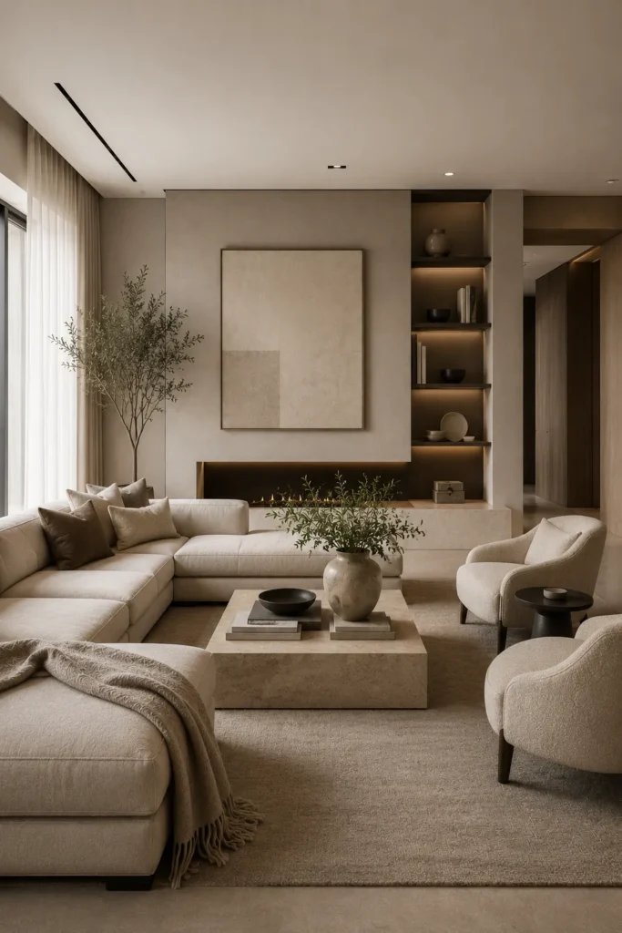 Quiet luxury living room featuring matte finish surfaces, soft textures, neutral colors, and understated sophistication