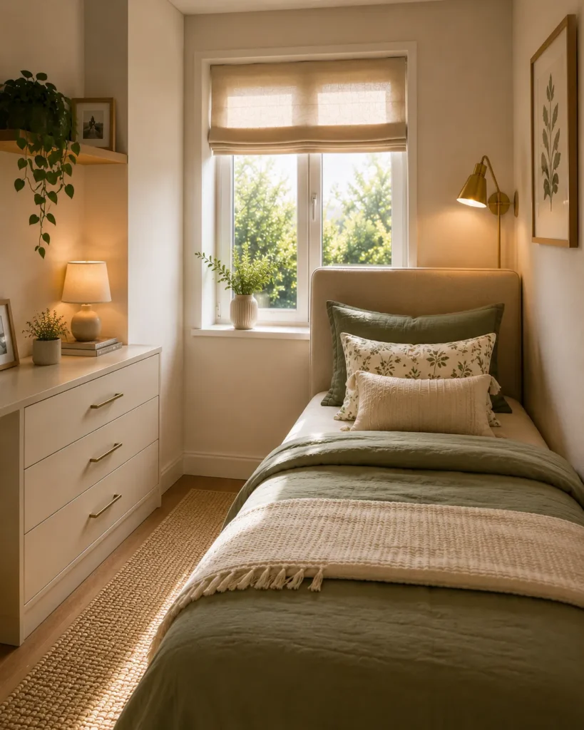 Minimal furniture layout in a small box room bedroom creating a clutter-free and visually spacious design