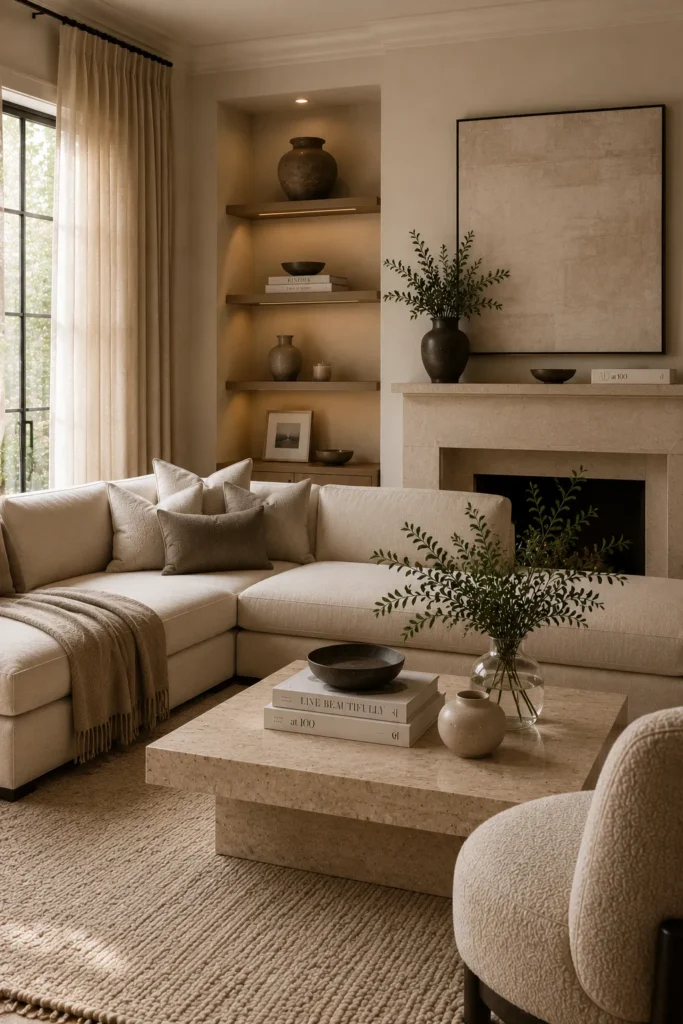 Minimal quiet luxury living room decor with carefully curated accessories, clean styling, and elegant neutral furnishings