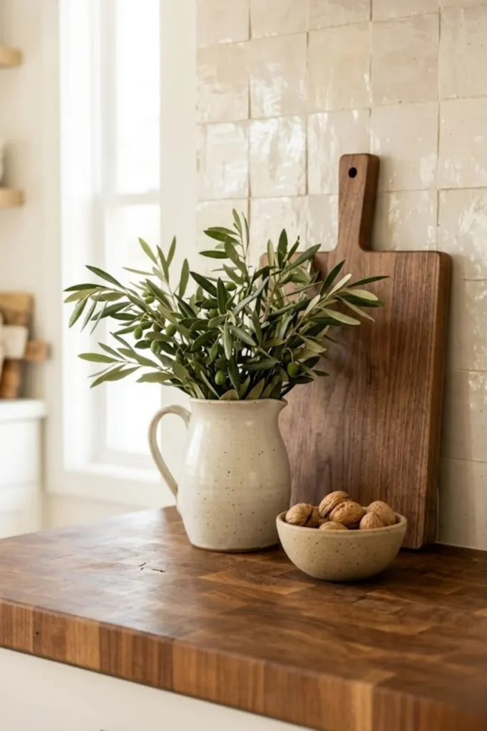 Minimal cozy kitchen countertop styled with wooden cutting boards, ceramics, fresh flowers, and natural accents.