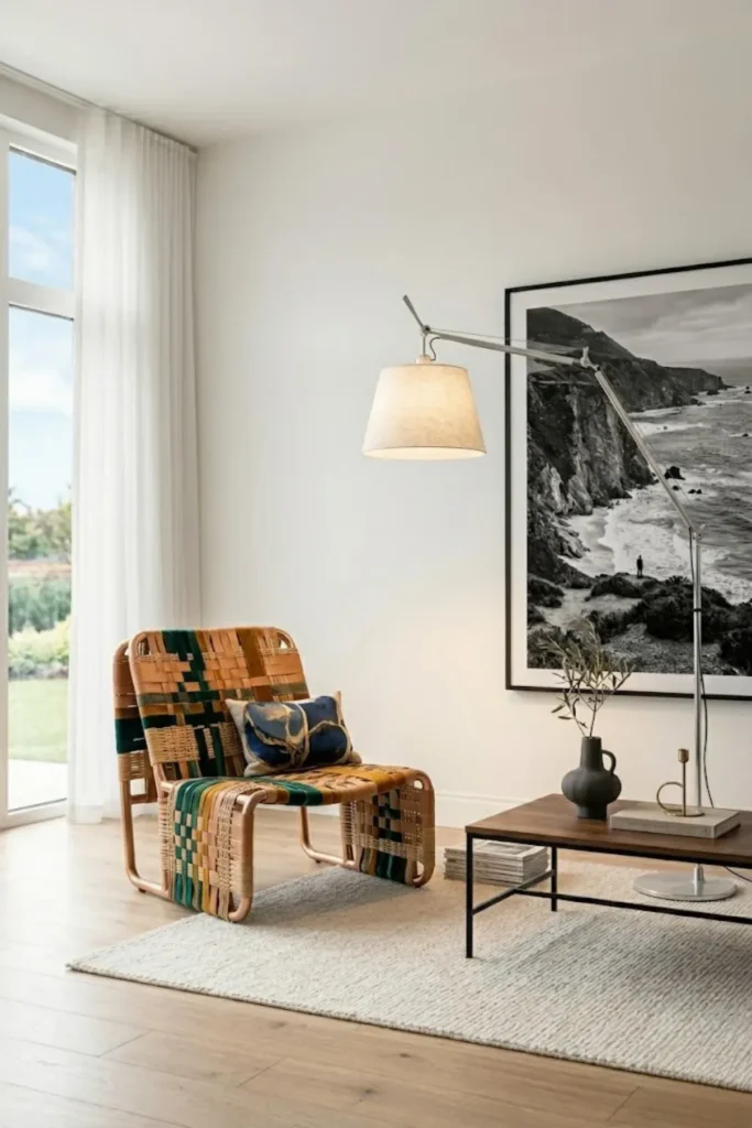 Minimal modern living room with curated decor, sculptural accessories, and uncluttered surfaces