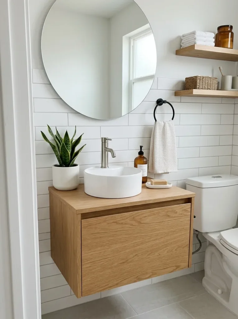 Minimalist small bathroom with clean decor and clutter free styling for a larger visual appearance
