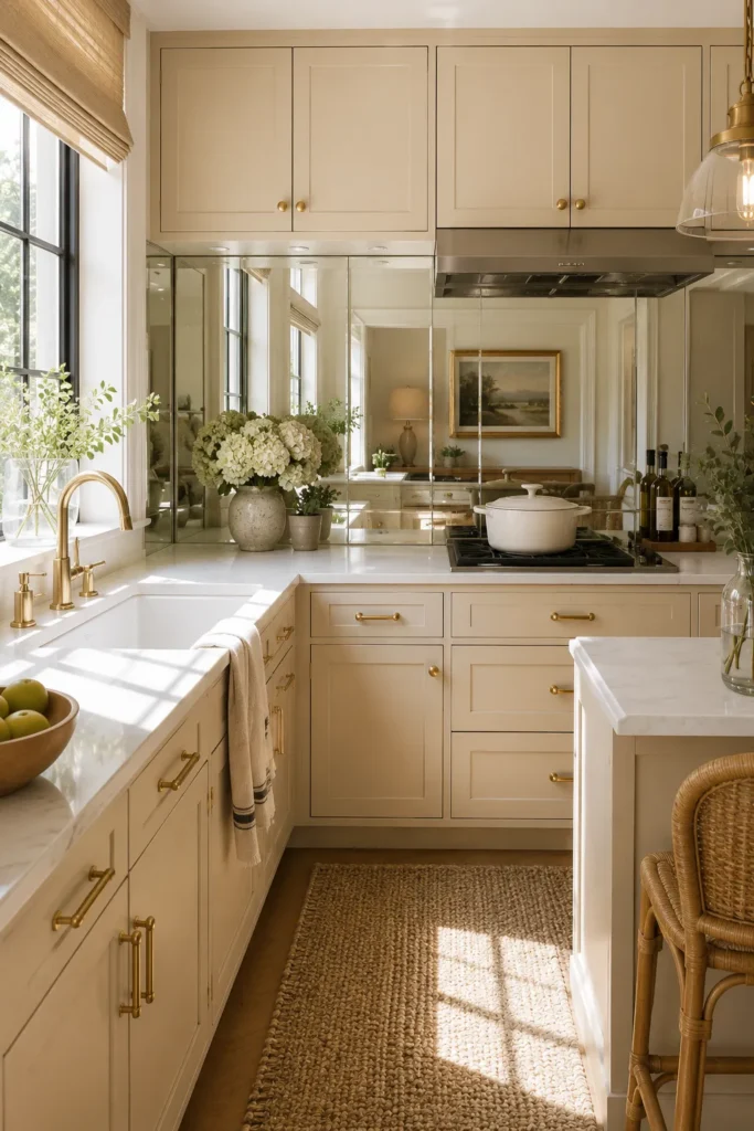 Small kitchen with mirrored backsplash reflecting natural light to create the illusion of a larger space