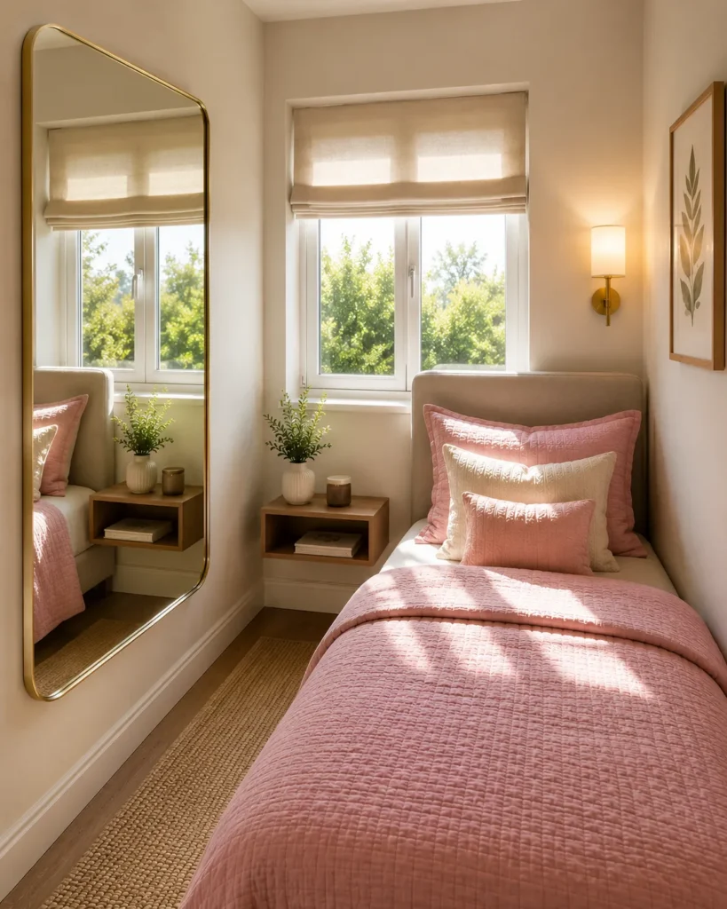 Small box room with a large mirror reflecting natural light to create a brighter and more spacious appearance