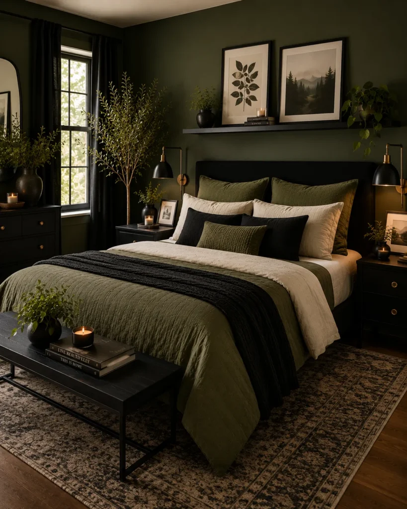 Modern green bedroom with black accents, clean lines, and sophisticated contrast for a contemporary look