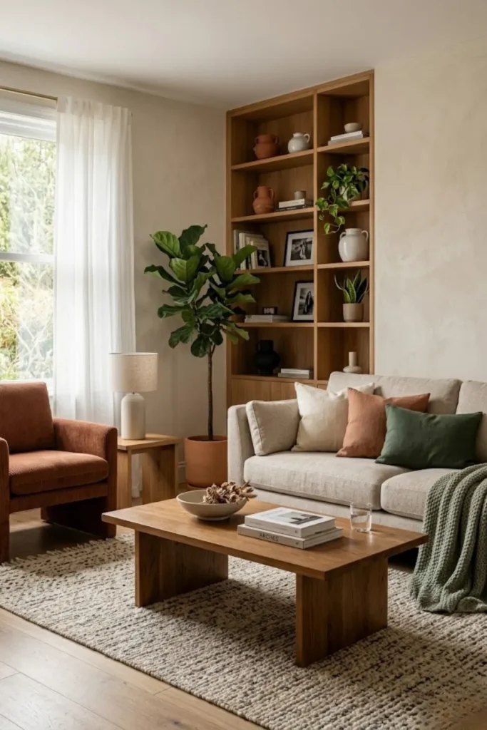 Contemporary living room with warm oak furniture, natural wood accents, and cozy modern decor