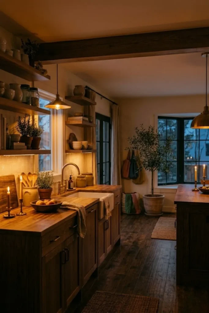 Cozy kitchen illuminated by warm ambient evening lighting, creating a relaxing and inviting nighttime atmosphere.