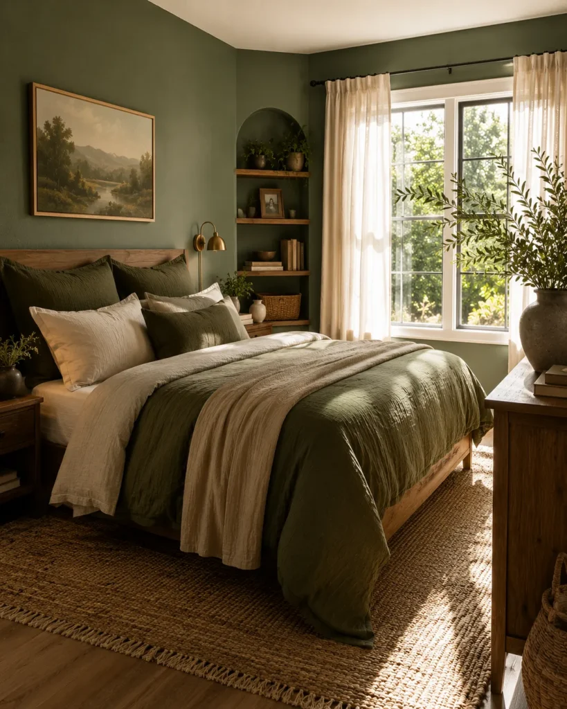 Moody dark green bedroom with dramatic lighting, warm wood tones, and cozy layered textures for a luxurious retreat