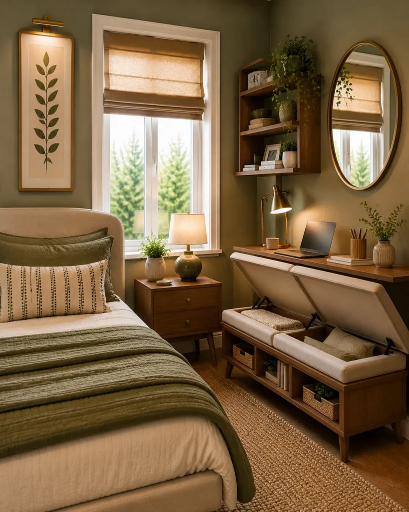 Small box room with multifunctional furniture including storage and workspace features for maximizing every inch