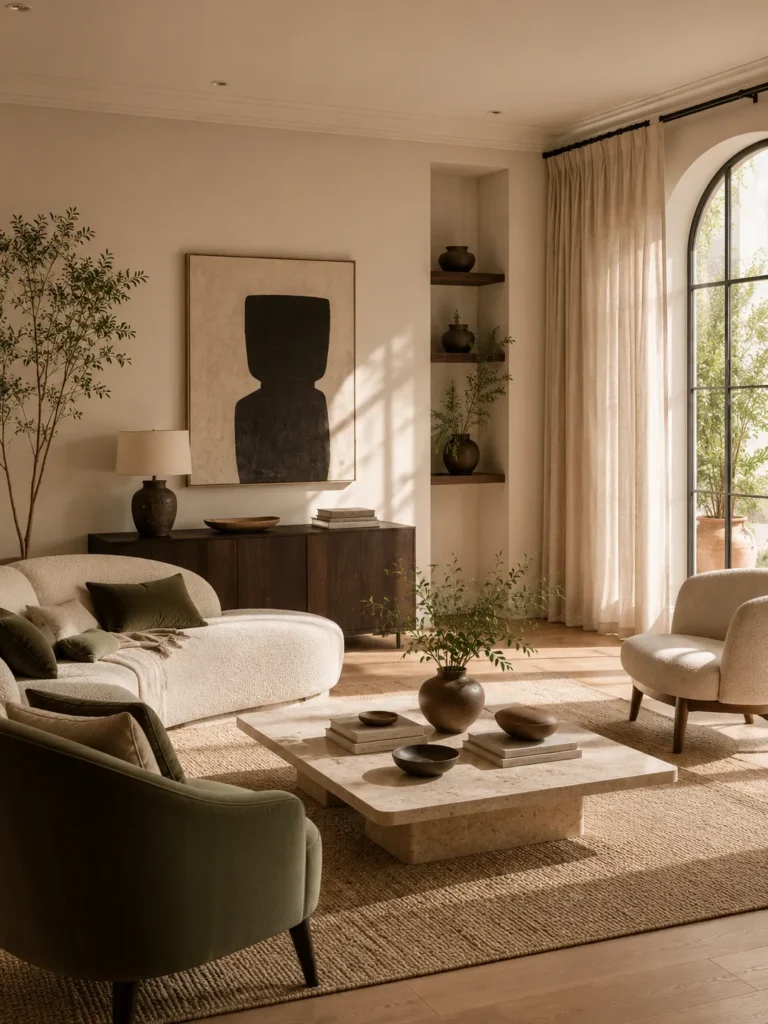 Bright natural light filling a quiet luxury living room with elegant neutral decor and timeless interior design