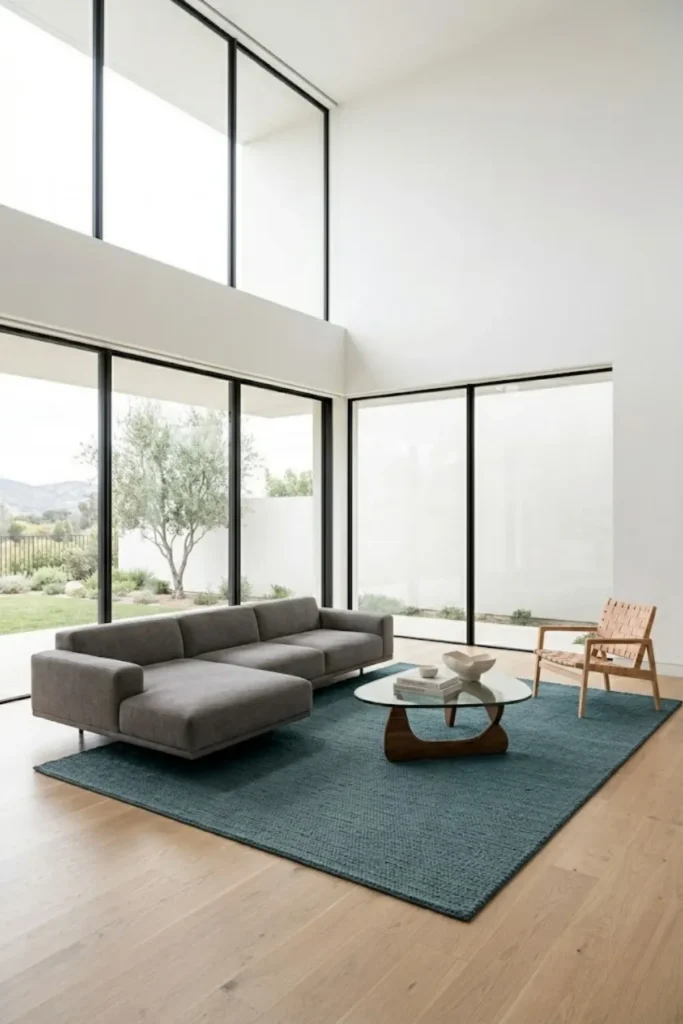 Open-concept modern living room with airy furniture layout and spacious contemporary design