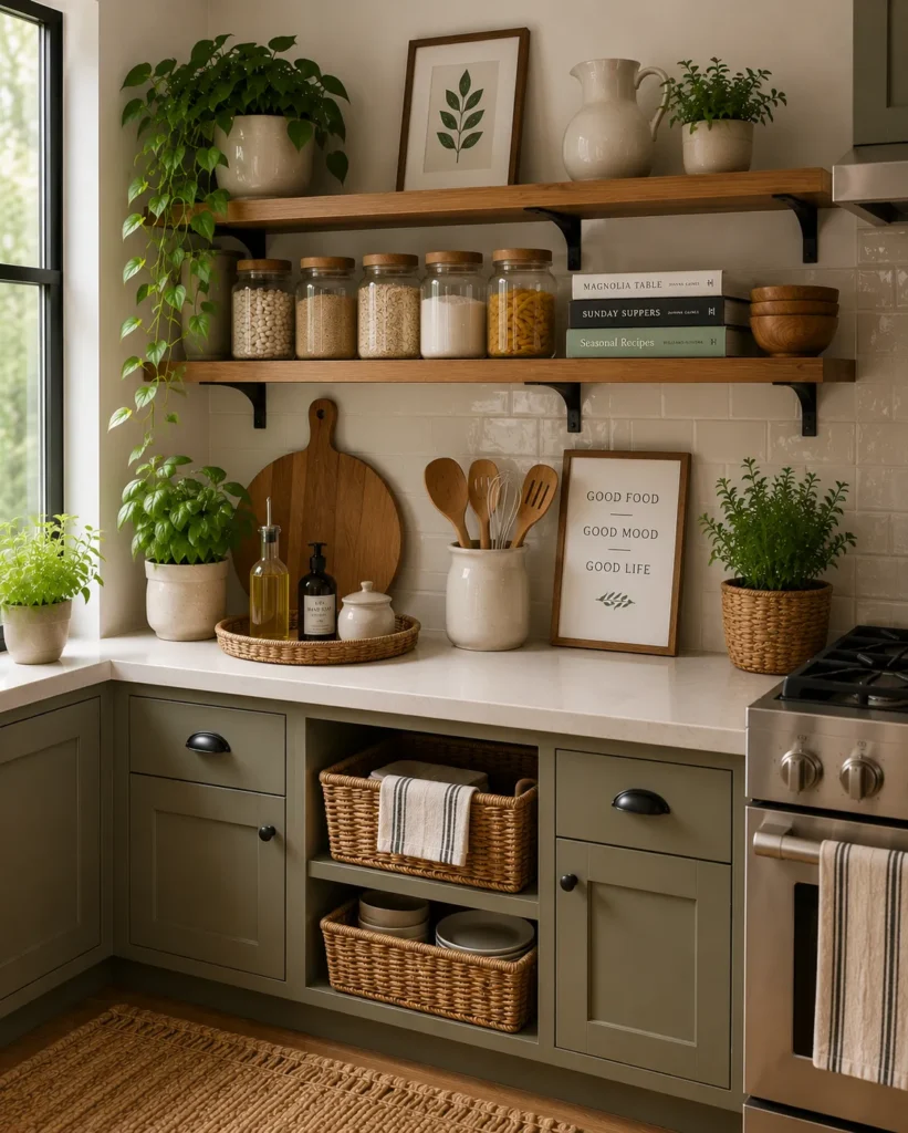Modern small kitchen featuring open shelving for accessible storage and a lighter visual appearance