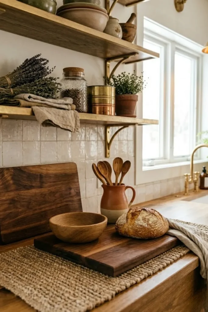 Warm kitchen featuring woven baskets, stone surfaces, ceramic decor, wood accents, and layered natural textures.