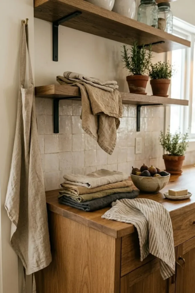 Cozy kitchen featuring linen curtains, soft textiles, neutral tones, and natural light for a relaxed welcoming feel.