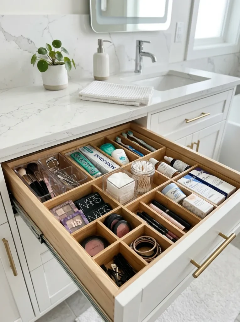 Bathroom drawer organizers neatly storing skincare products toiletries and beauty essentials
