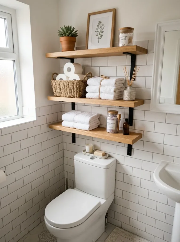 Small bathroom with stylish over toilet storage shelves maximizing unused vertical wall space