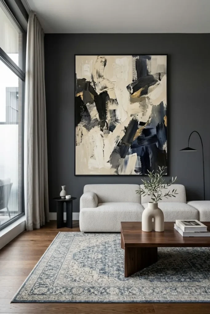 Modern living room with oversized abstract wall art creating a sophisticated focal point